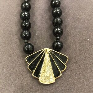 80s Vintage Goldtone and Black Beaded Art Deco Style Pendant Necklace